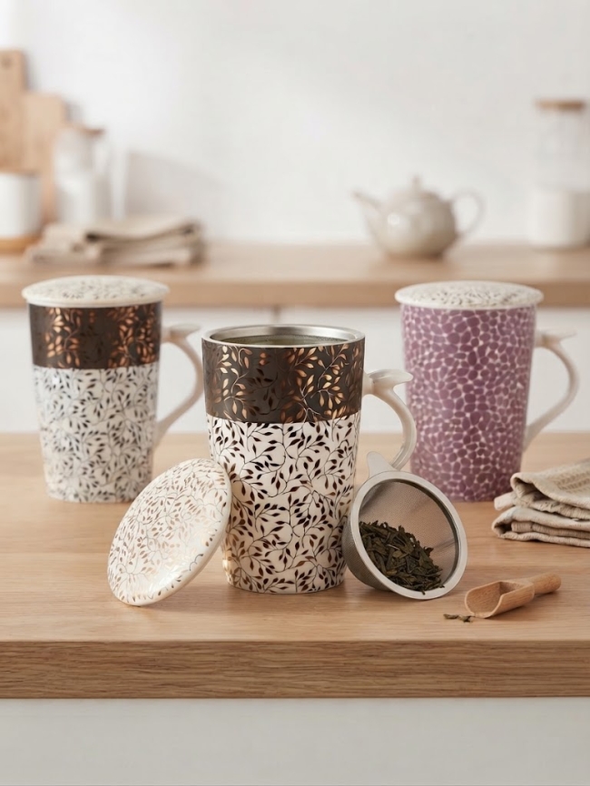 Teamug Teetasse mit Deckel – Blättermuster Schwarz/Gold