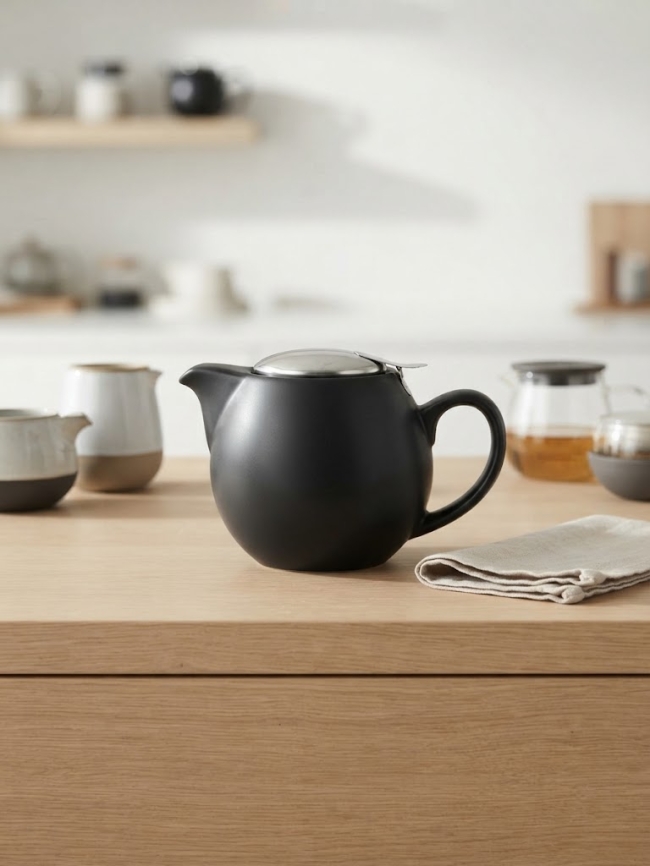 Teekanne mit Edelstahldeckel (Schwarz matt)